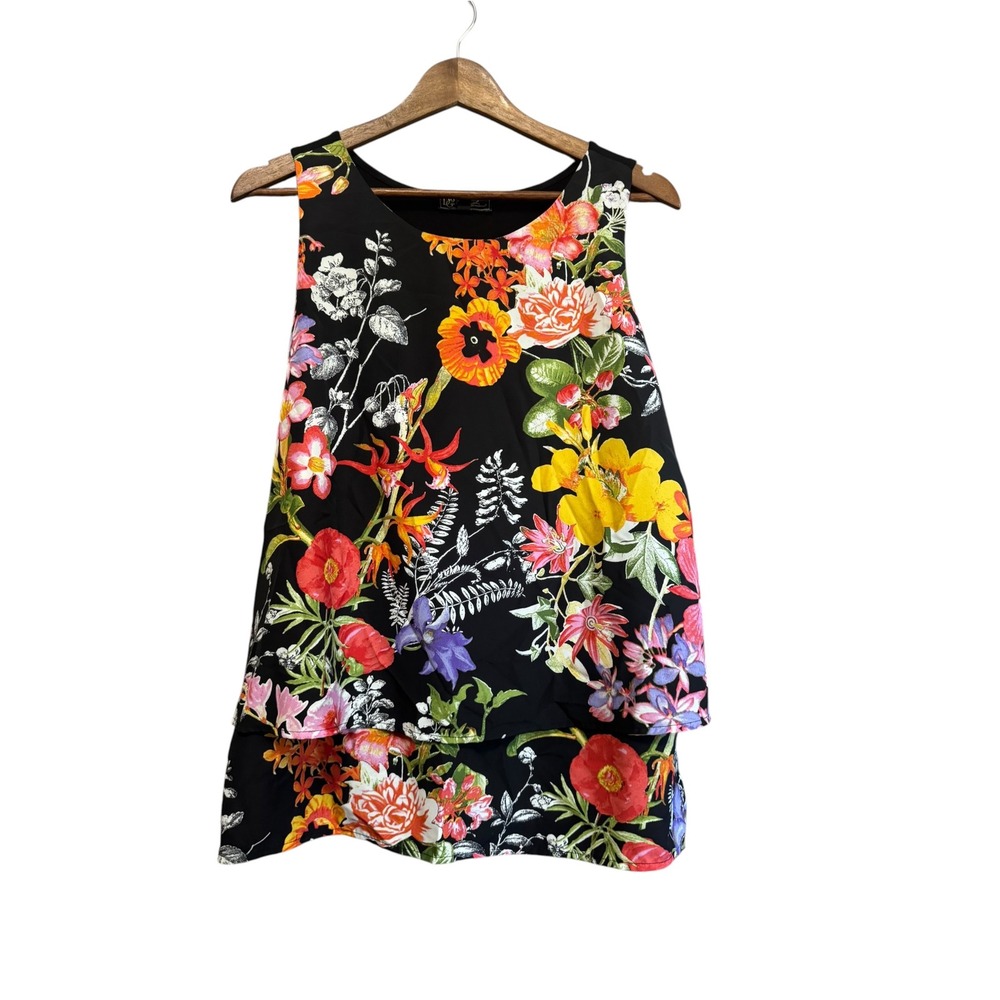 DG2 Diane Gilman Floral Layered Tank Top Women Black Multi Excellent Sleeveless